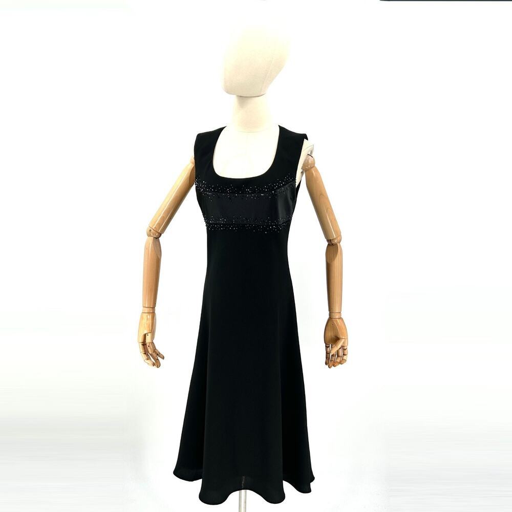 Vintage 90s Evan-Picone Black Beaded Satin Trim Cocktail Midi Dress
